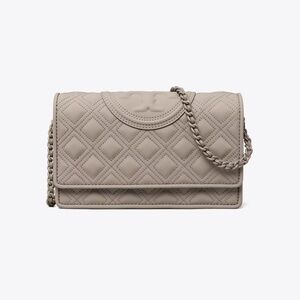 New with tags; Tory Burch Fleming Matte Chain Wallet in Gray Heron